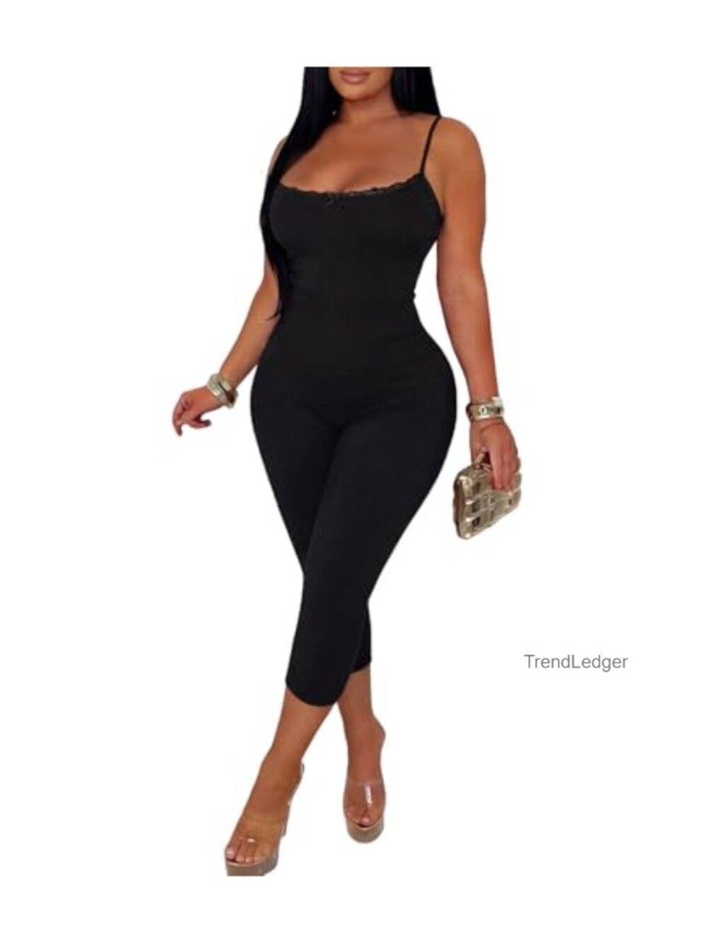 Women's 2 Piece Lounge Set Spaghetti Strap Lace Trim Top Capri Pants